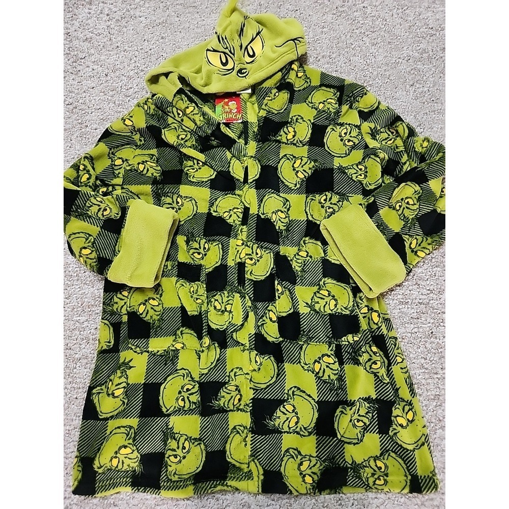 Dr Seuss The Grinch Hooded Plush Robe Green Black Buffalo Plaid L/XL New no belt